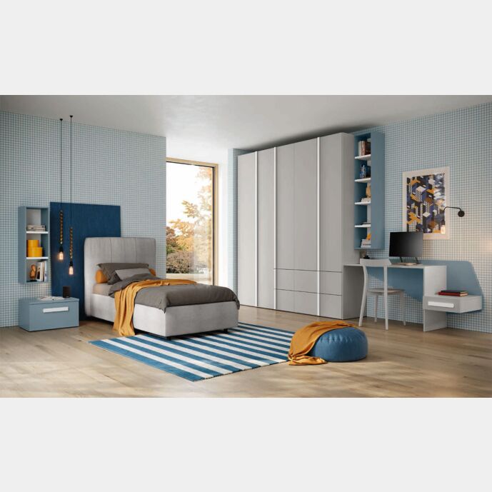 Cameretta ragazzo con letto imbottito e armadio battente Grigio dorian e Cadaques