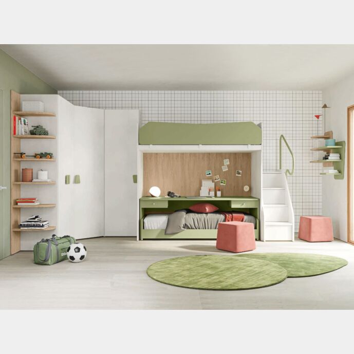 Cameretta con a letto castello e armadio angolare, finitura Cemento artico, Oliva e Royal oak