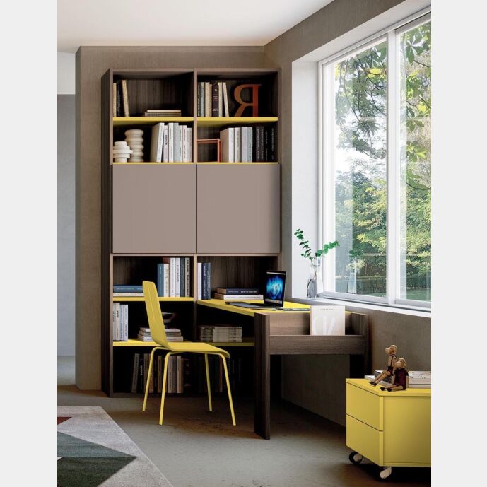 Zona studio per camerette, finitura Bronzo, Noce moro e Giallo cedro