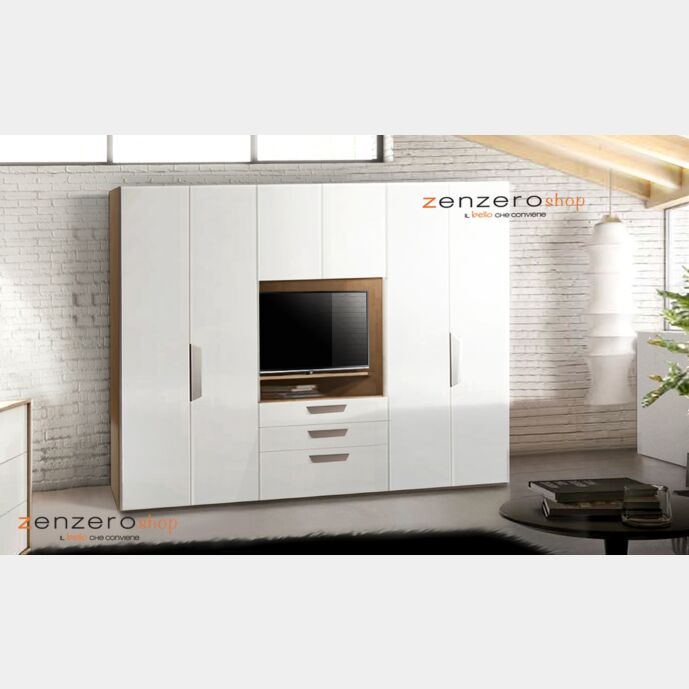 Armadio moderno 6 ante 3 cassetti con vano porta TV, Rovere samoa e Bianco frassino