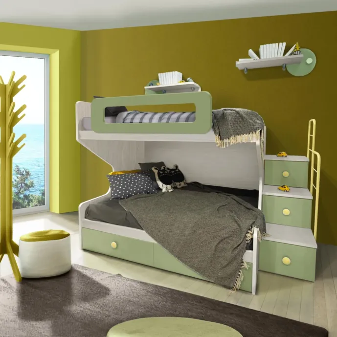 Letto a castello 1 piazza e mezza con scaletta contenitiva, Nuvola frassino e Salvia Zenzero Shop