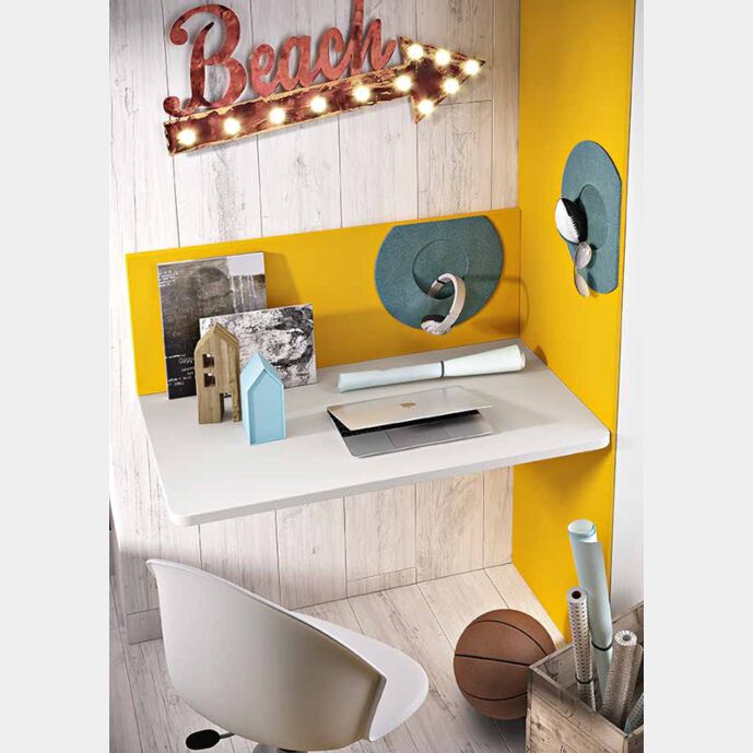 Scrivania sospesa senza gambe con tasca rimovibile in finitura Bianco frassino e Girasole