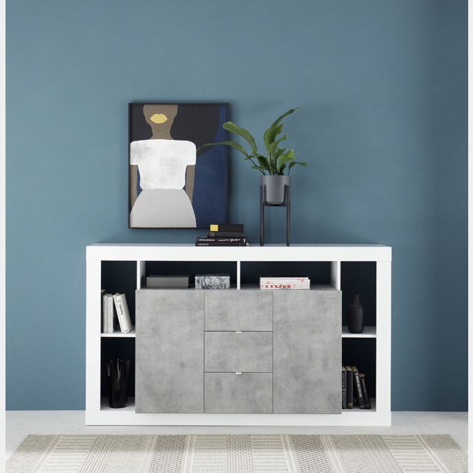 Conveniente Madia moderna a 2 ante e 3 cassetti, finitura Cemento e Bianco lucido
