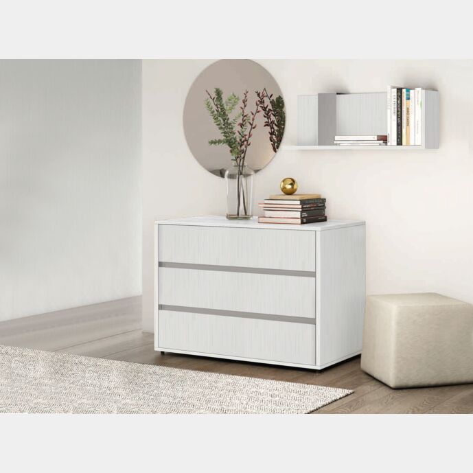 Comò 3 cassetti Rovere Bianco, chiusura rallentata