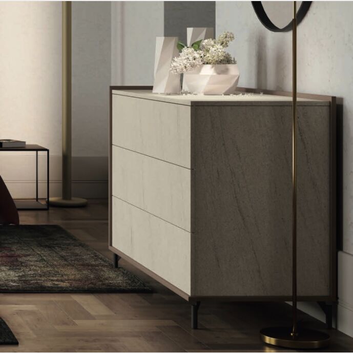 Comò 3 cassetti finitura Moka e Vesuv Sabbia, con apertura push-pull