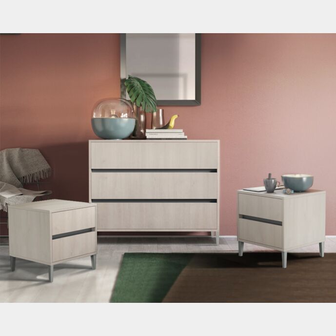 Set moderno comò e comodini con piedini in finitura Noce brina