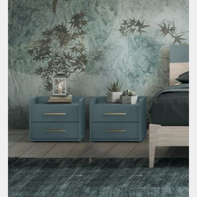 Coppia di comodini moderni a 2 cassetti, finitura Cadaques, made in Italy