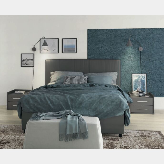 Letti matrimoniali contenitori, letto in ecopelle con comodini in finitura Titanio
