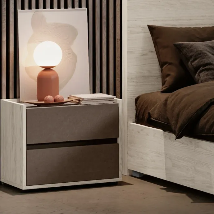 Comodino 2 cassetti, Bianco altea e Bronzo, L.54 H.47