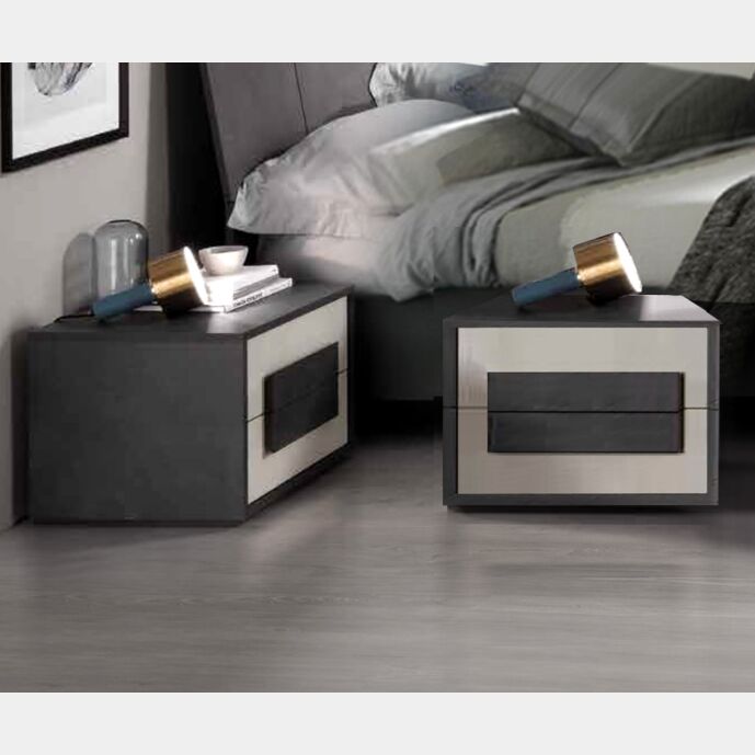 Coppia di comodini moderni, grigio resina chiaro e grigio resina scuro, made in Italy