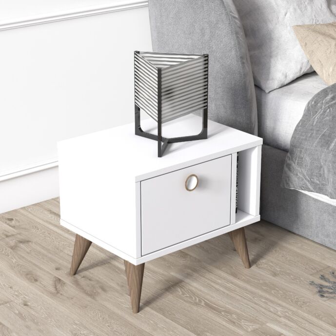 Comodino Ankara bianco con piedini rovere