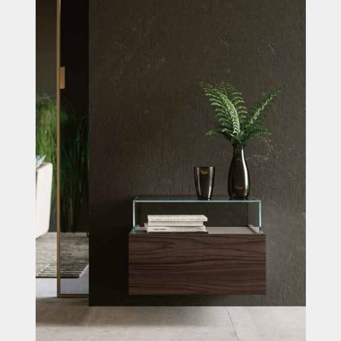 Comodino Palawan sospeso con teca in vetro in finitura Grigio seta e Noce moro