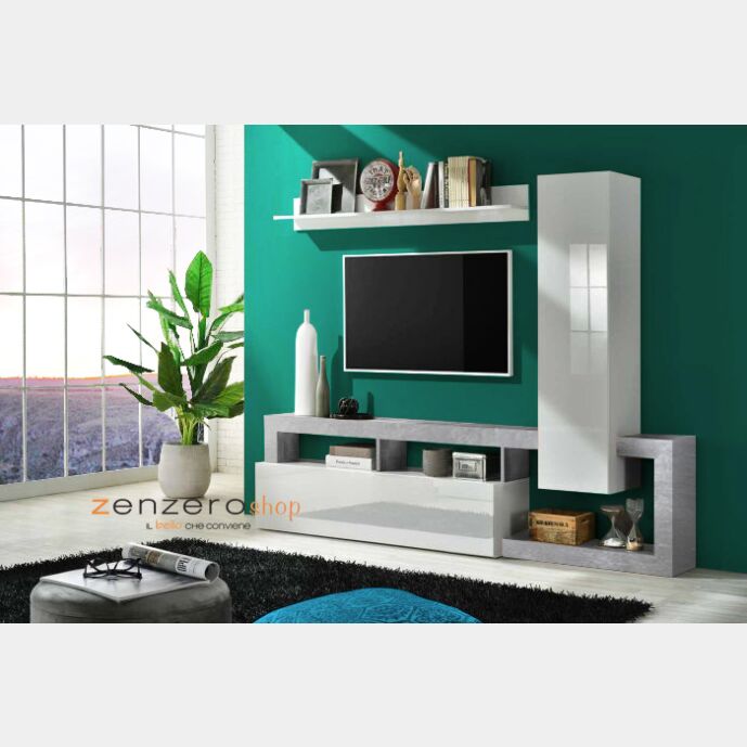 Parete attrezzata con 1 pensile verticale, una ribalta e una mensola in finitura bianco laccato lucido e Cemento