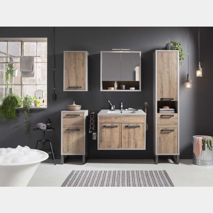 Mobili per bagni industry in finitura Cemento e Rovere invecchiato