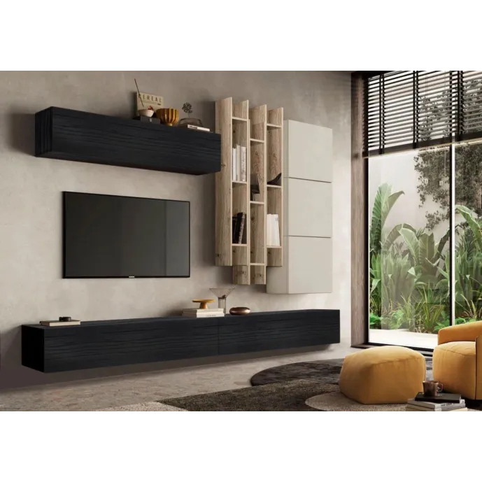 Parete attrezzata 276x30x210 h cm, Nero frassino, Cashmere, Cadiz- Logica Zenzero Shop