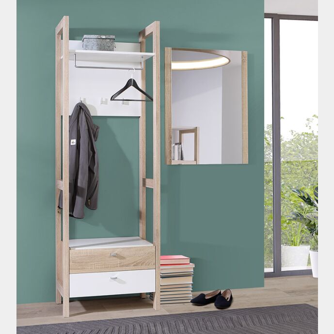 Mobile ingresso con appendiabiti e cassetti, finitura Rovere e Bianco