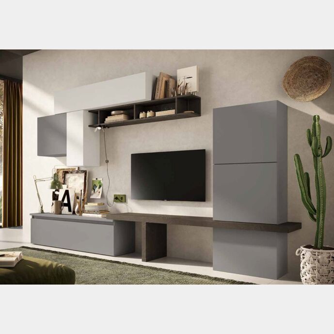 Parete attrezzata 295x40x190 h cm, Gesso, Bronzo e Bianco Lucido, collezione Logica Zenzero Shop