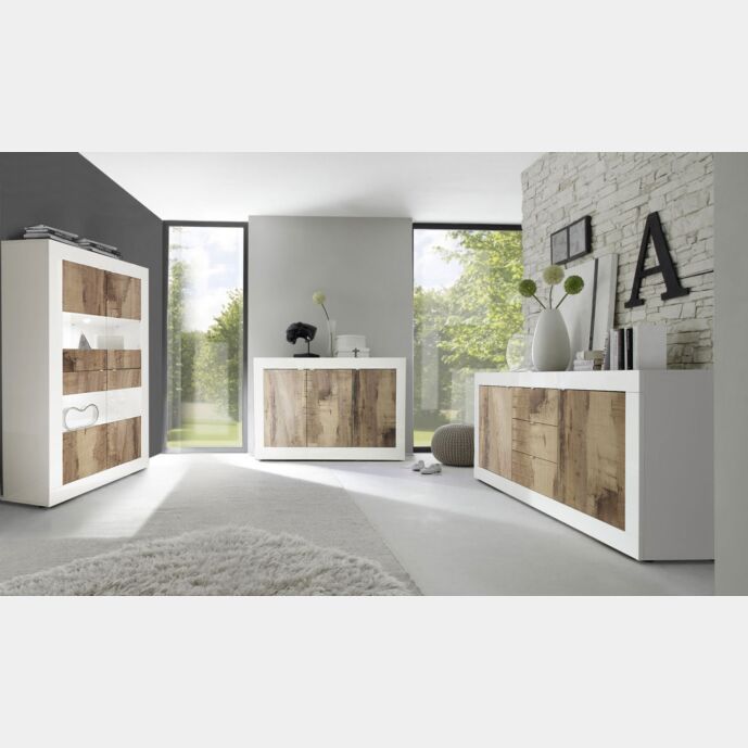 Soggiorno bianco lucido e Pero con Vetrina, Madia 3 ante e Madia 2 ante 3 cassetti