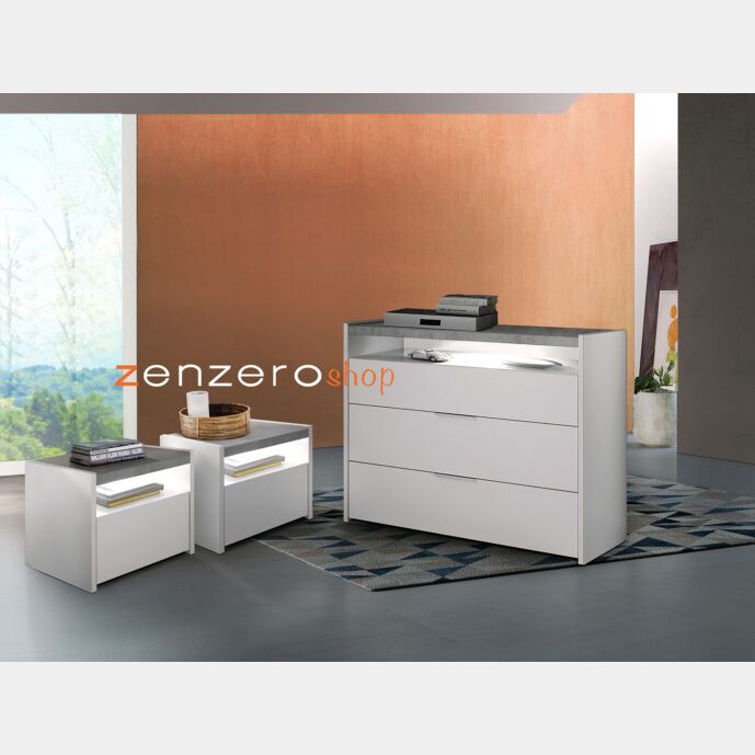 Set Comò e 2 Comodini con guide ammortizzate in finitura bianco opaco e beton