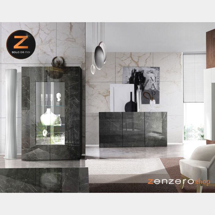 Soggiorno di lusso, Madia e Vetrina, finitura Marmo Lucido Nero