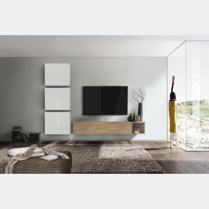 Parete attrezzata, moderna e di design, cadiz, miele e bianco lucido