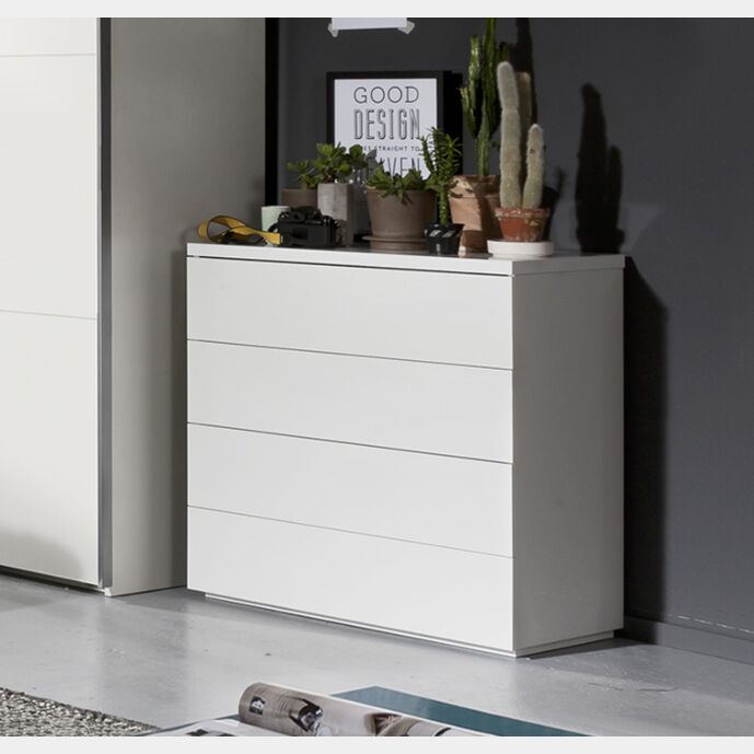 Comò moderno con 4 cassetti in finitura Bianco laccato lucido