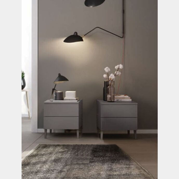 Coppia di comodini moderni a 2 cassetti con piedini, finitura Grigio titanio