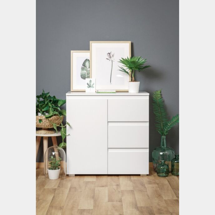 Conveniente credenza 1 anta e 3 cassetti, colore Bianco opaco