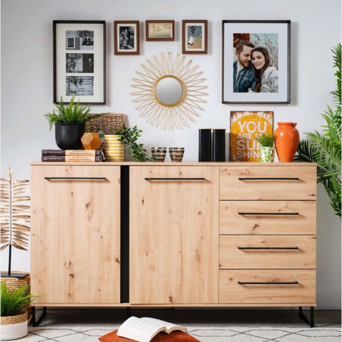 Madia industry con cassetti e due ante, finitura Rovere e Nero