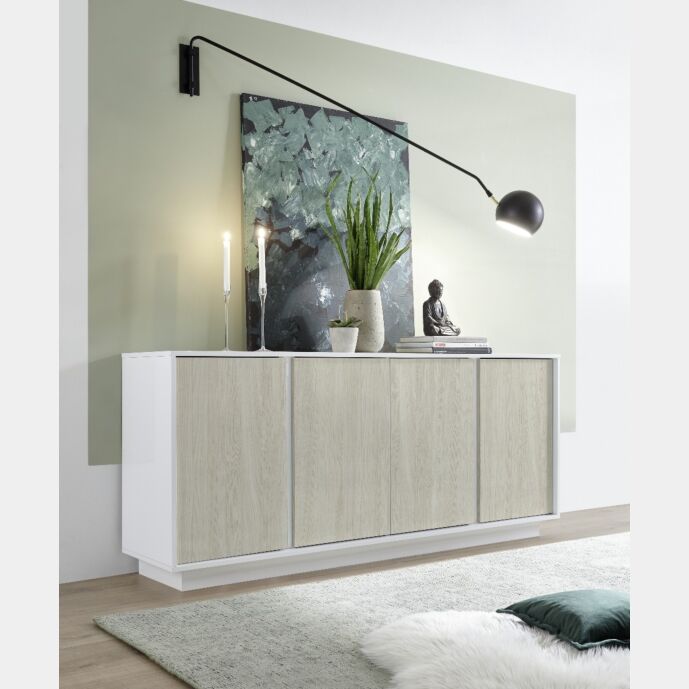 Credenza scontata a 4 ante, Bianco lucido e Olmo