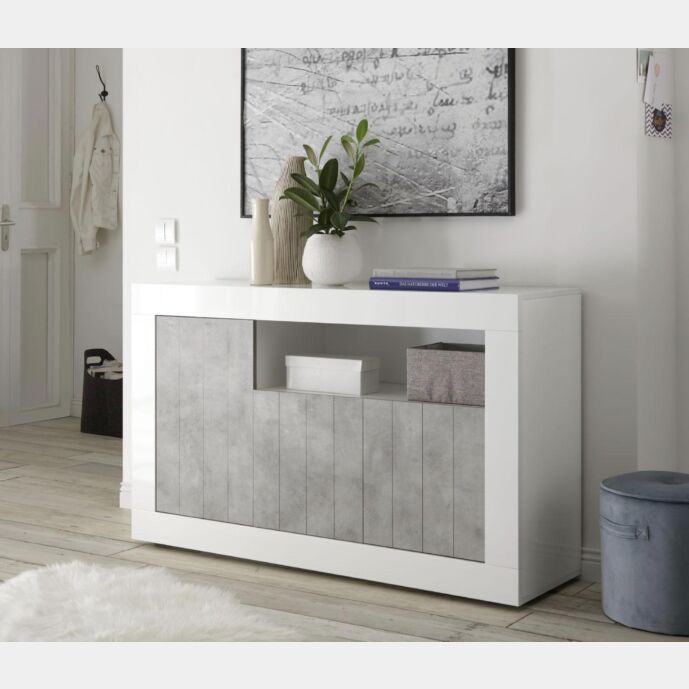 Madia moderna, 3 ante in finitura bianco lucido e cemento