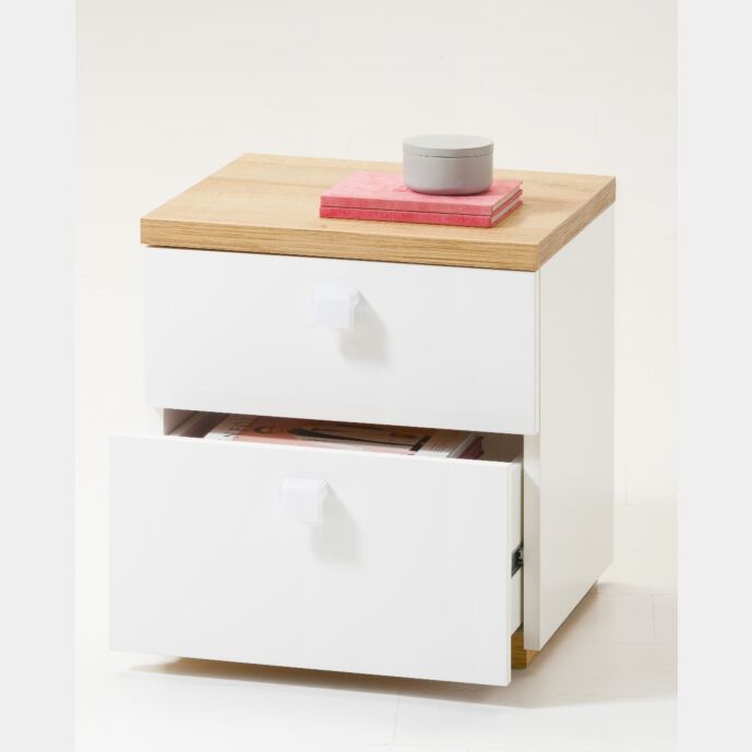 Comodino moderno con 2 cassetti in Bianco laccato e Rovere