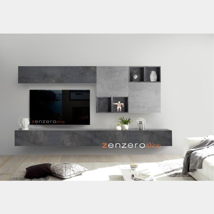Soggiorno Zenzero, parete attrezzata con pensili vasistas e ribalta e cubi, finitura Ossido e Beton