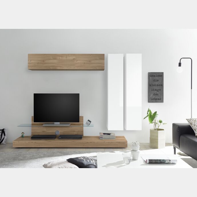 Parete attrezzata formata da Porta Tv e 3 Pensili, finitura Noce Stelvio, Cadiz e Bianco Lucido