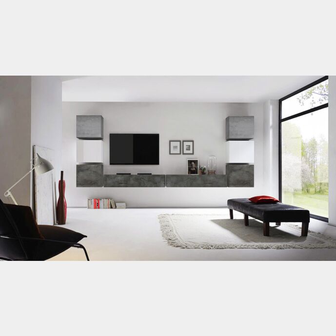 Parete attrezzata con 2 ribalte e 6 cubi, finitura bianco lucido, piombo e gesso