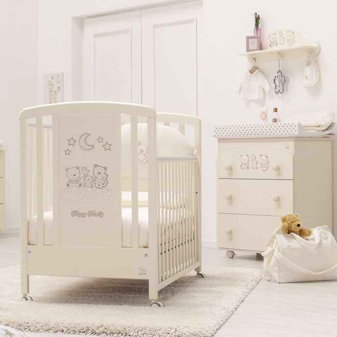 Lettino neonati Paddington avorio con decorazioni e ruote Zenzero Shop