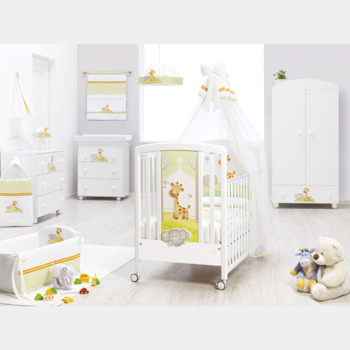 Culla neonati Melman bianca con ruote e decori colorati