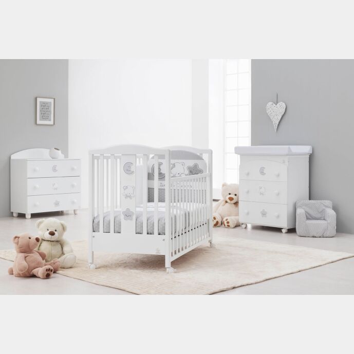 Culla moderna Grizzly con ruote, finitura bianco con decori grigi Zenzero Shop