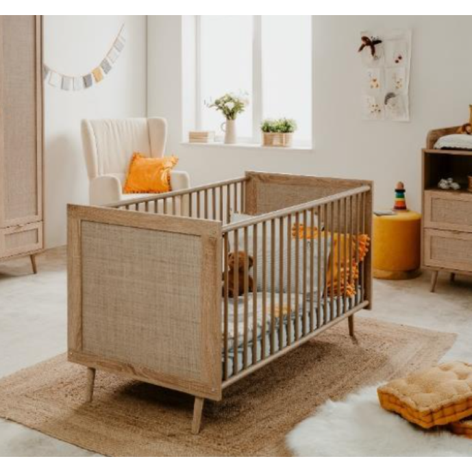 Culla per bambini in finitura Quercia con pannello effetto Rafia