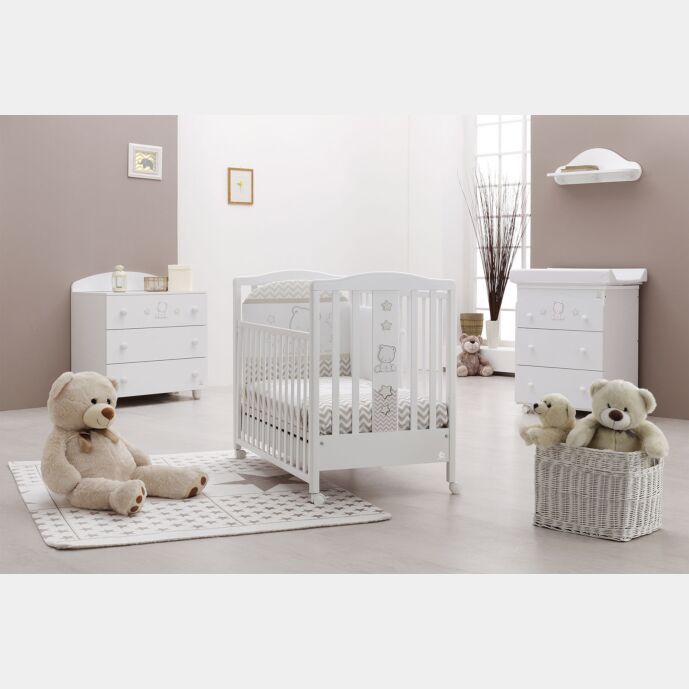 Culla moderna Teddy con ruote, bianca con decori Tortora