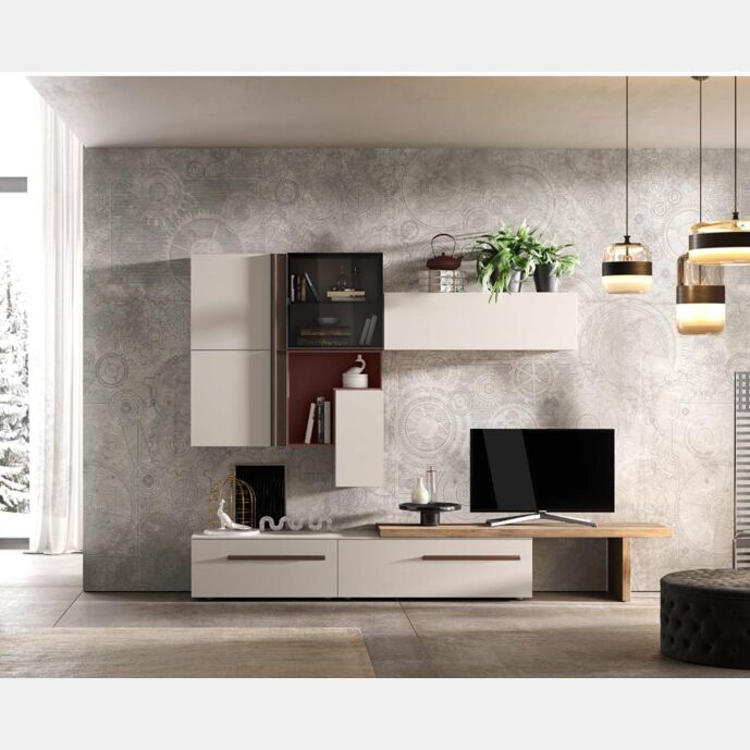 Parete attrezzata moderna Tekapo in finitura Cachemire, Noce naturale e Rosso siena