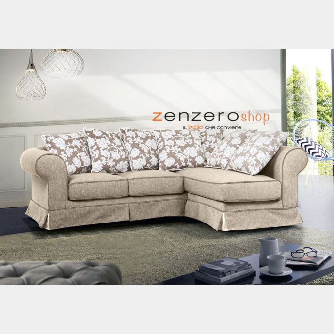 Divano moderno Nanga a 4 posti angolare,  color avorio e bordini castagno, made in Italy