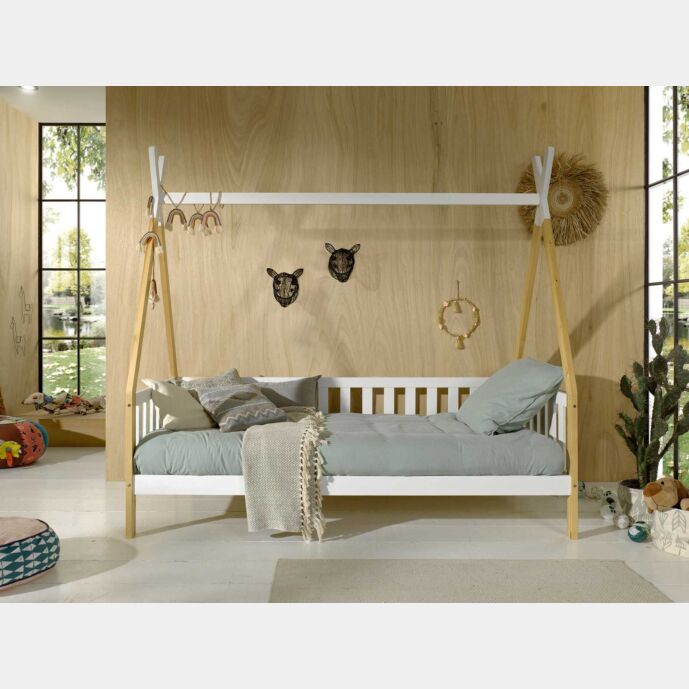 Divano letto montessoriano per camerette in Pino naturale e Bianco laccato