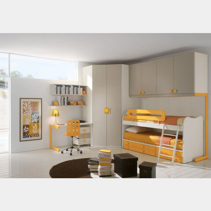 Cameretta con armadio ad angolo e letto a castello in finitura Larice, Tortora LACCATO e Zafferano LACCATO