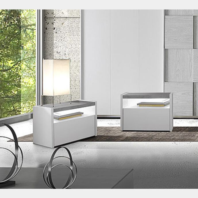 Coppia di comodini finitura Bianco Opaco e Beton, guide ammortizzate