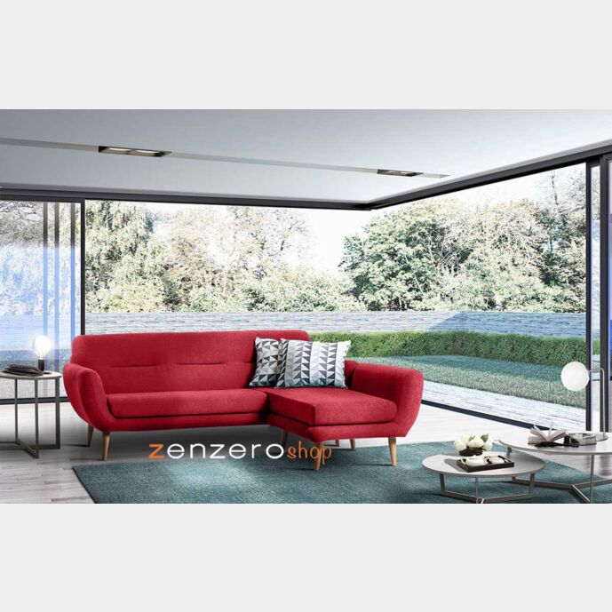 Divano moderno Chimborazo ad angolo a 3 posti, gambe in legno, finitura Rossa