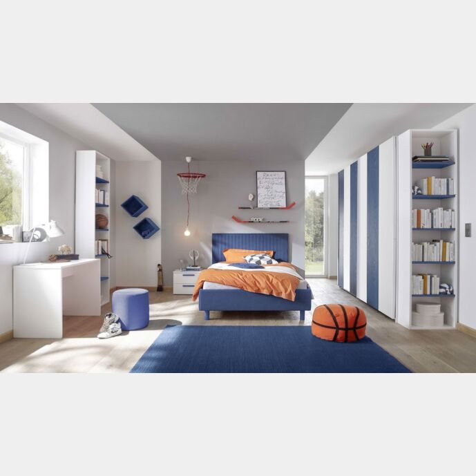Cameretta moderna con letto una piazza mezza, armadio scorrevole e comodino, finitura Blu
