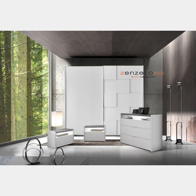 Set zona notte con Armadio scorrevole, Comò e Coppia Comodini, bianco opaco e beton