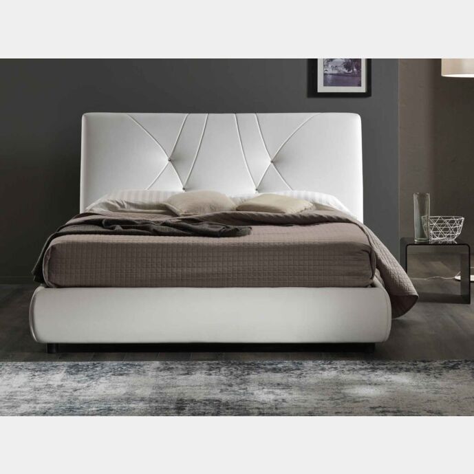 Letto matrimoniale con swarovsky contenitore, finitura ecopelle Bianca