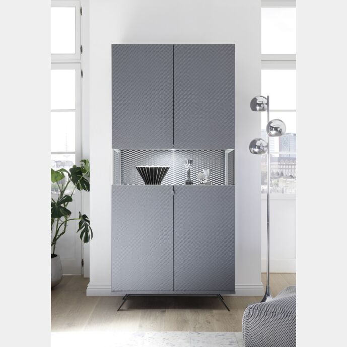 Vetrina moderna a 2 ante, finitura carbonio e piedini in ferro nero